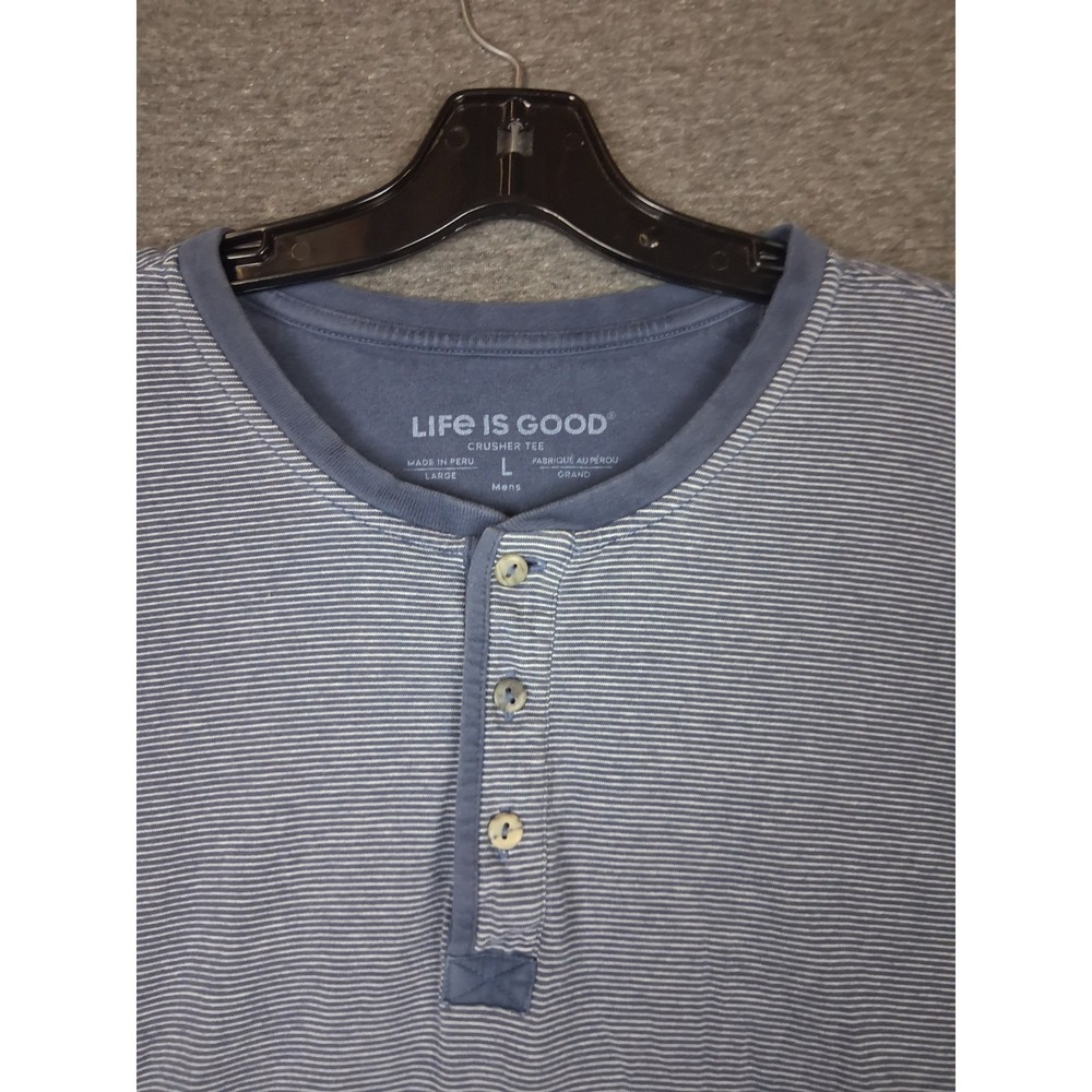 Life Is Good Mens Shirt Large Blue Stripe Henley Cotton Classic Coastal Gorp
